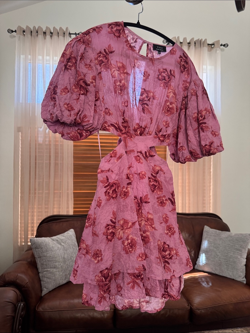VICI Rose-Pink Floral Puff-Sleeve Mini Dress